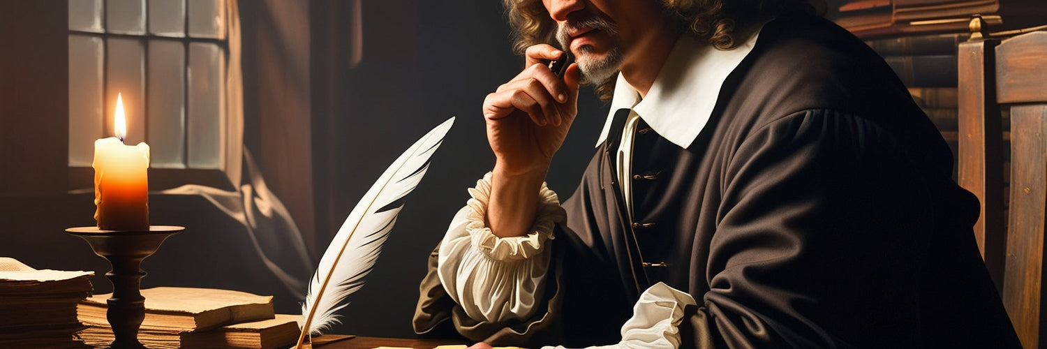 A dramatic, Baroque-style digital painting of a 17th-century philosopher deep in thought, seated at a wooden desk in a dimly lit study.