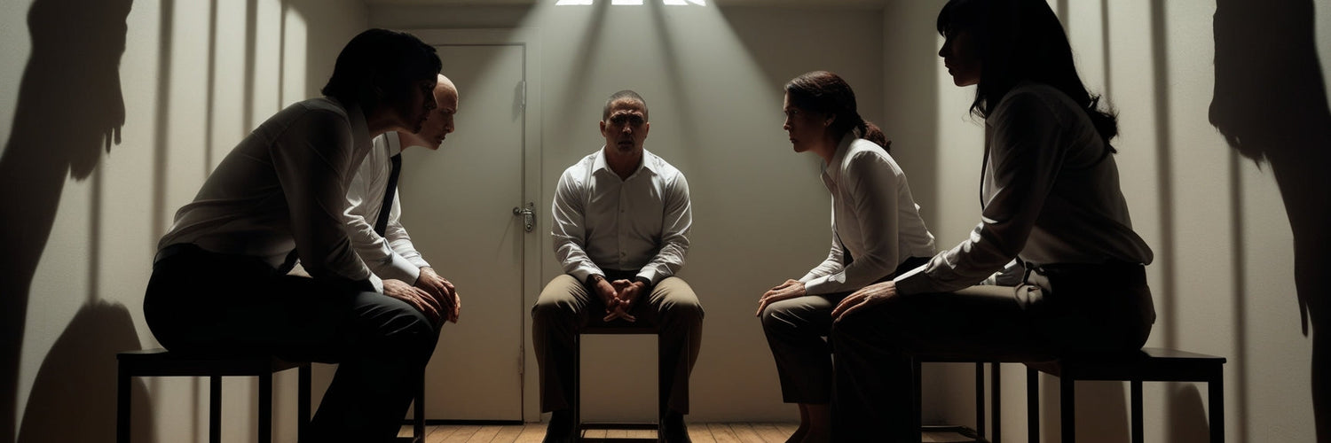 A dramatic and symbolic digital painting depicting four individuals seated on simple stools in a small, dimly lit room with a single locked door. A skylight above casts harsh, angular light, creating deep shadows on the walls.