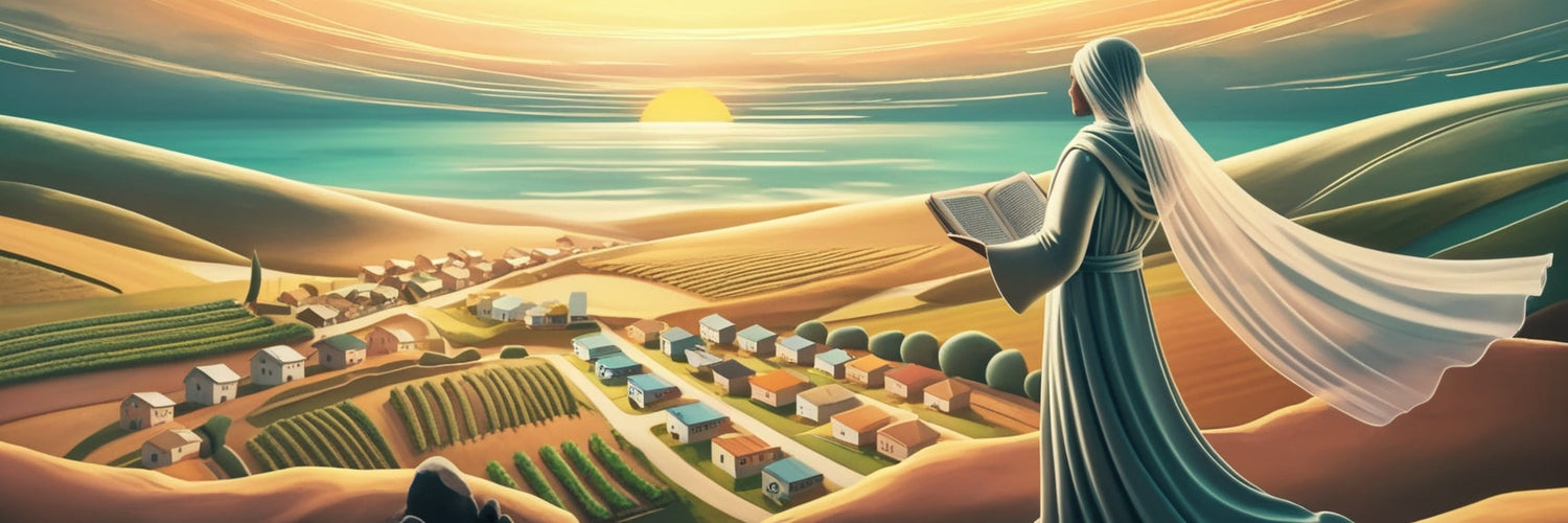 A stylized, semi-surreal digital painting of a figure standing atop a cliff overlooking a village at sunrise or sunset. The figure, wearing a flowing robe and a long, billowing veil, holds an open book while gazing towards the horizon.