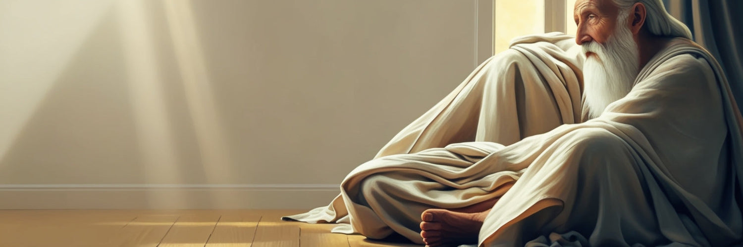 A contemplative, atmospheric digital painting of an elderly philosopher with a long white beard, sitting cross-legged on a wooden floor in deep thought.