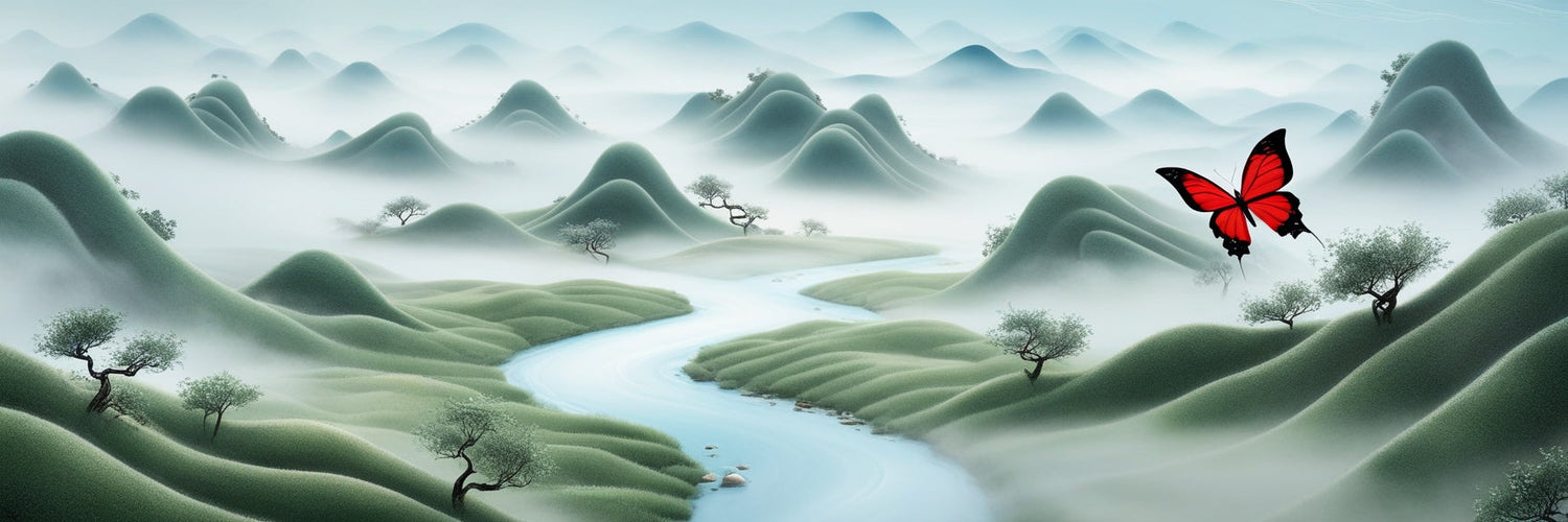 A serene and dreamlike digital painting inspired by traditional Chinese landscape art, depicting mist-covered mountains. A winding river meanders through the valley. In the foreground, a vivid red and black butterfly hovers gracefully.