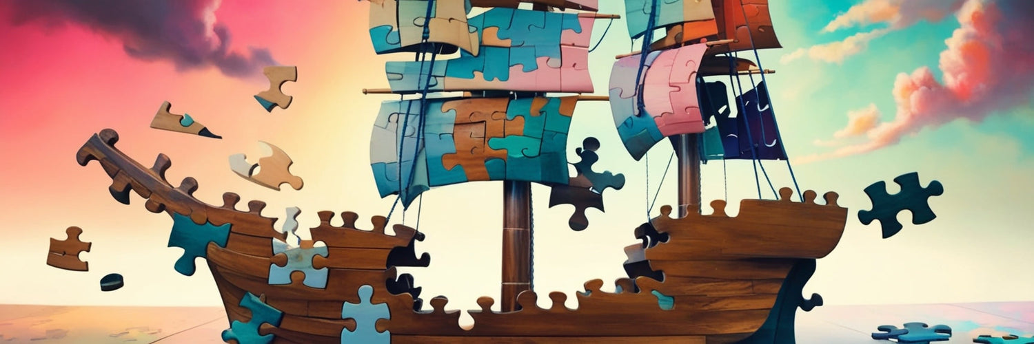 A surreal and thought-provoking digital painting of a wooden sailing ship constructed entirely of interlocking puzzle pieces.